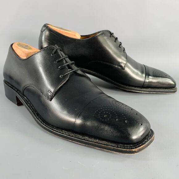 SALVATORE FERRAGAMO Size 8.5 Black Leather Perforated Lace-Up Shoes - Picture 1 of 10